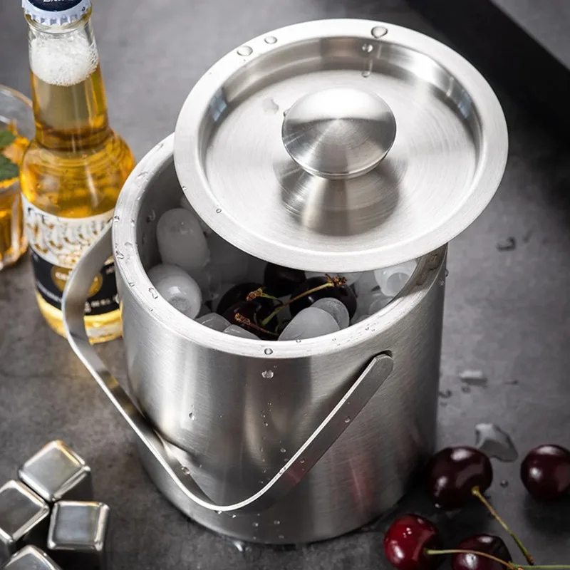 1300ML Stainless Steel Ice Bucket Double Wall Ice Bucket with Lid Insulated with Handle Champagne Beer Wine Cooling