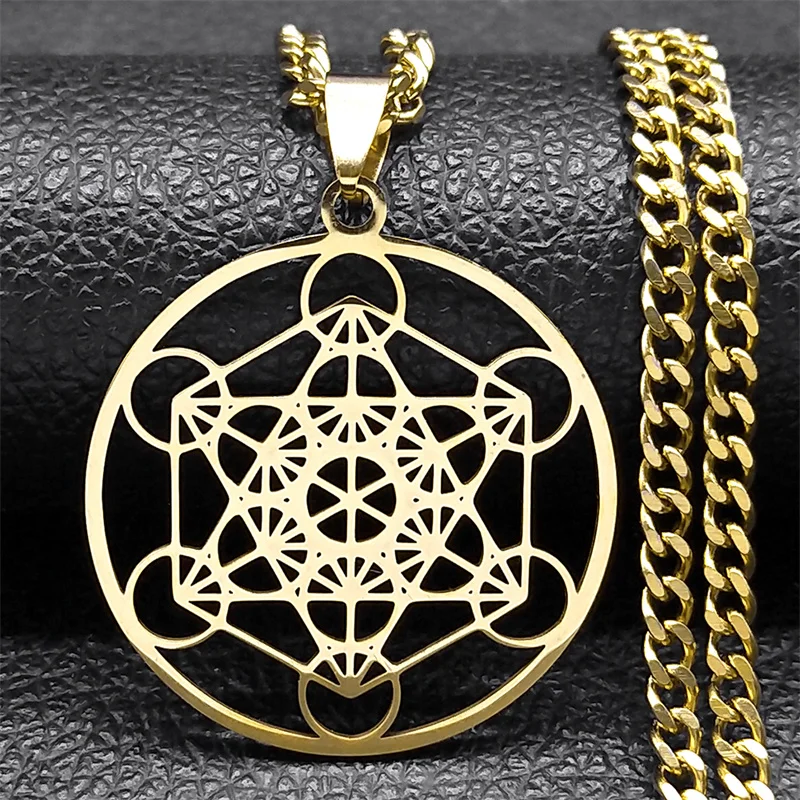 Sacred Geometry Metatron Cube Necklace for Women Men Stainless Steel Gold Color Powerful Amulet Chakra Spiritual Jewelry N620S06