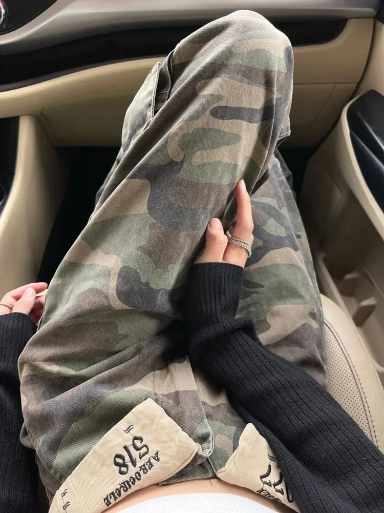 Woman American Spice Girls Camouflage Work Jeans Women Summer Flap High Street Design High Waist Straight Thin Wide Leg Trousers 2