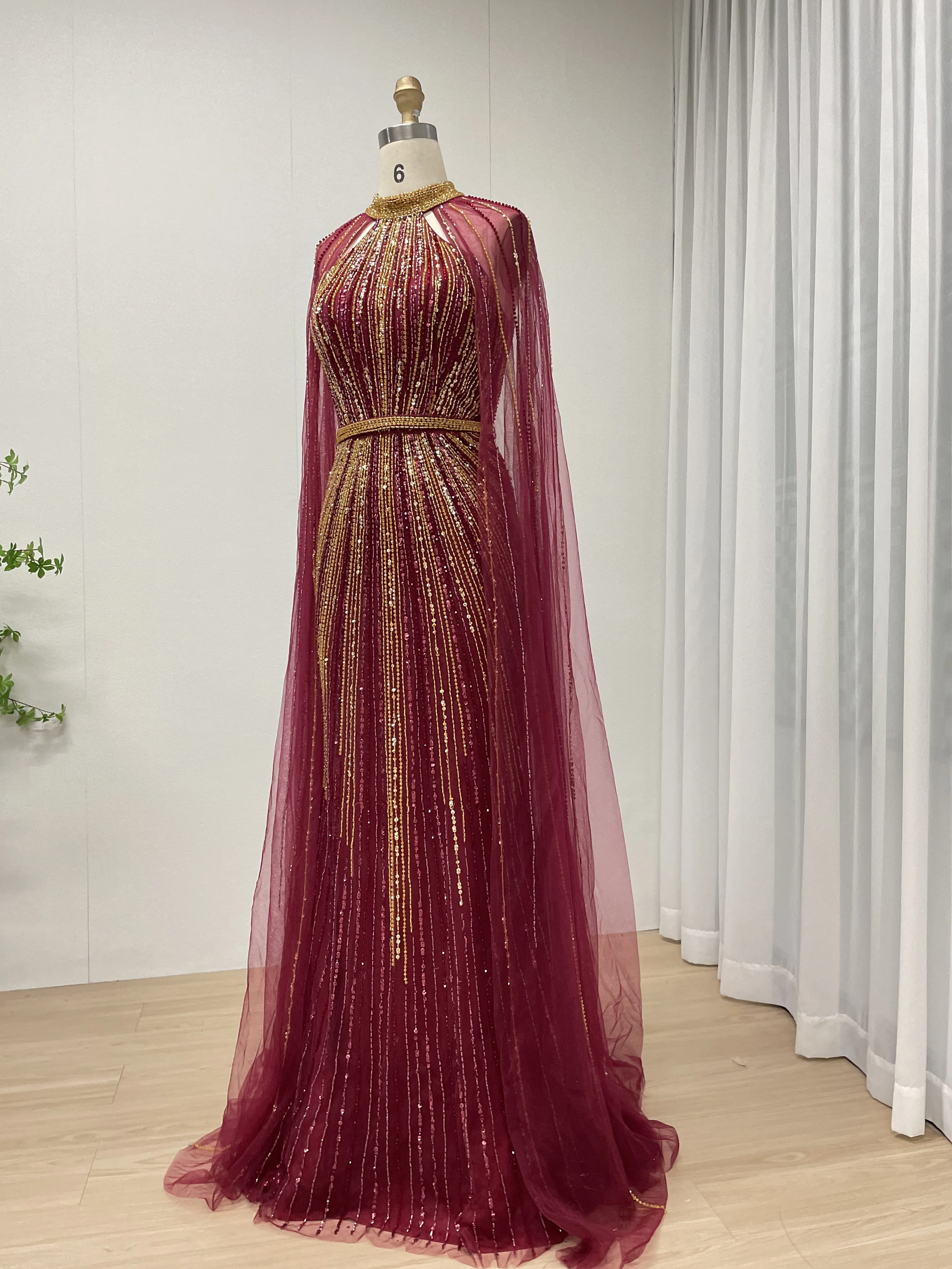 MYMB neue Arabisch Weinrot Luxus Perlen Meerjungfrau Abendkleid Cape Ärmeln für Frauen Hochzeit Party Kleider Anpassen MB40390 – Detail 7