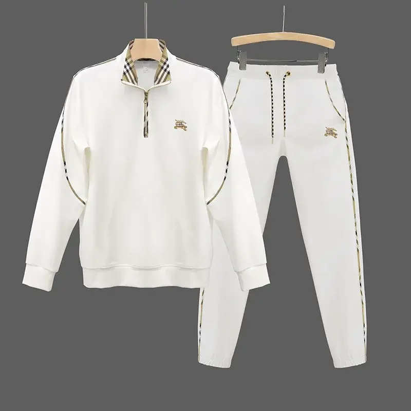 Autumn new men's casual suit stand-up collar half zipper war horse high-end trend simple pullover jacket top pants 2