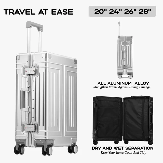 2024 Capacity Durable Luggage Sets 100% Aluminum Suitcase Wheels Women Girl Men Cabin Carry-On Boarding Travel 20/24/26/28 1