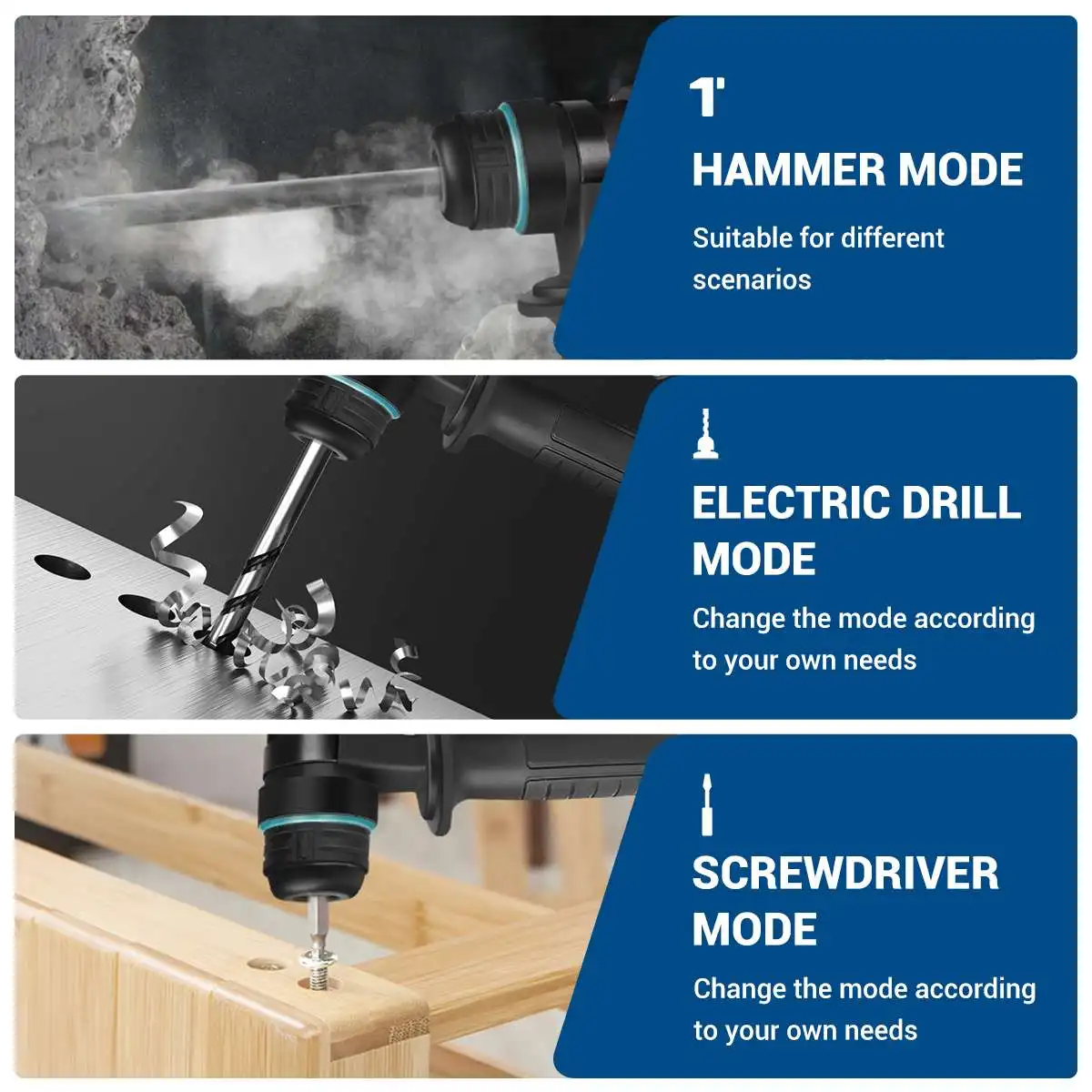 Drillpro 26mm Brushless Cordless Rotary Hammer Impact Drill Handheld Electric Hammer Drill Impact Function for Makita Battery 5