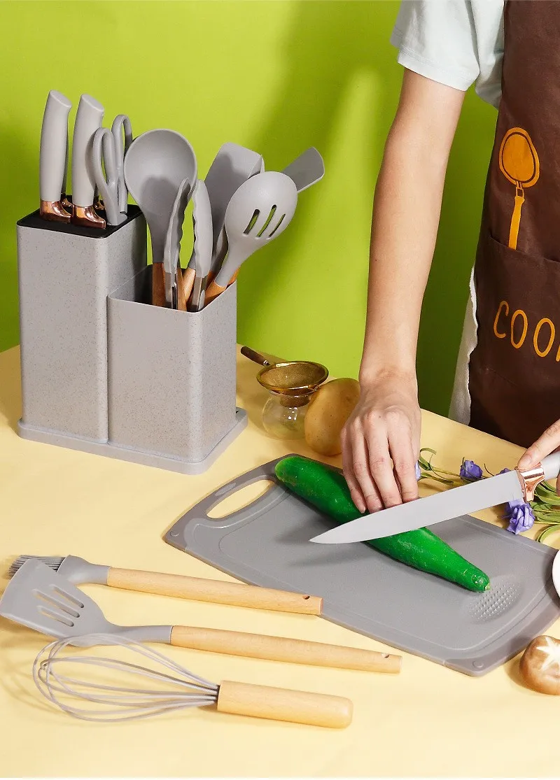 Ensemble d'Ustensiles de Cuisine en Silicone avec Manche en Bois