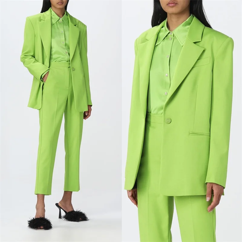 

Designer Green Women Suit Set Blazer+Ninth Pants 2 Pcs Jacket Formal Office Lady Bright Color Outfit Custom Made Женский костюм