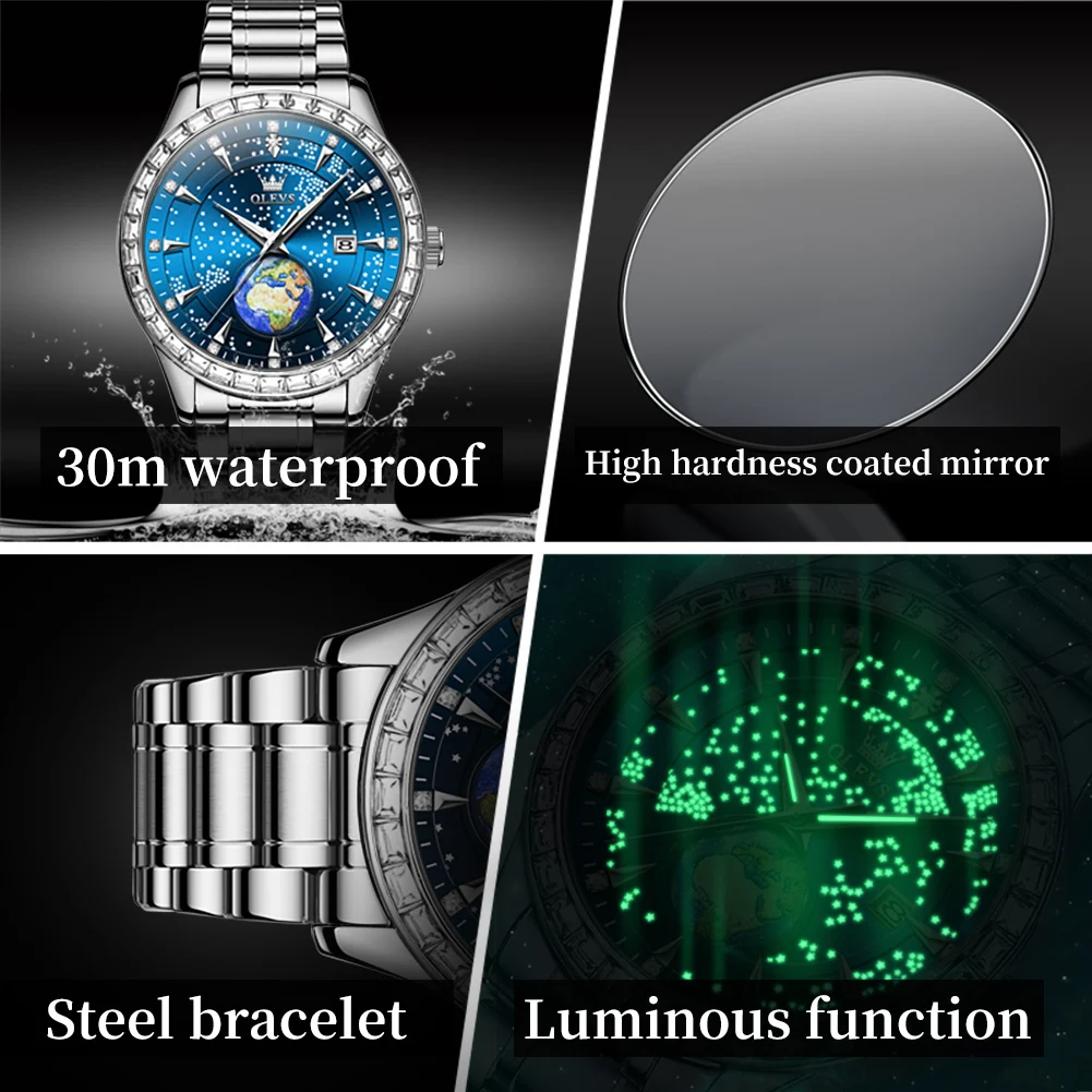 OLEVS Mens Watches Top Brand Luxury Starry Sky Earth Design Quartz Watch For Men Fashion Stainless Steel Date Blue Wristwatch