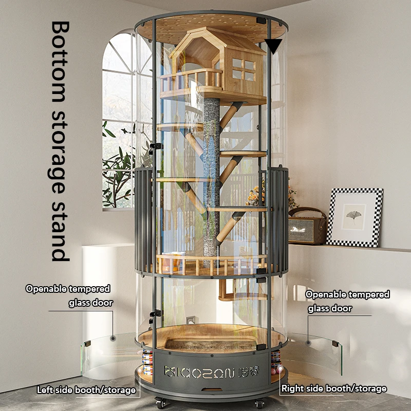 Multifunctional Wooden Cat Tree Tower Large-Scale Indoor Panoramic Cage Comfortable Pet House Glass Pet Furniture