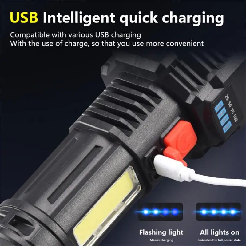 미니 LED 토치 F-t25 고강도 푸시 스위치 내장 대용량 배터리, USB 충전 조명, 줌 가능 토치, ABS 방수