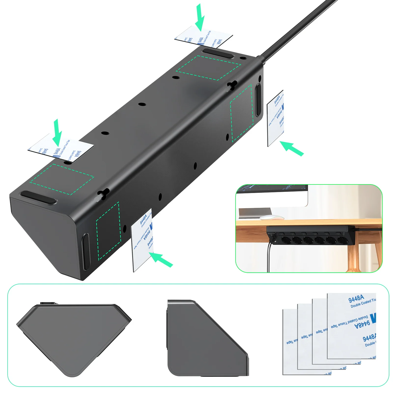 6 way European mulit plug Power Strip with 2 USB 2 Type C, Corner Multi-functional socket with 2m cable for Home Table 6