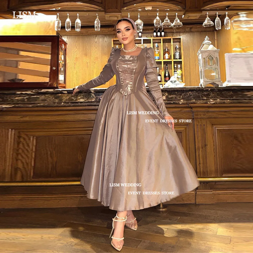

LISM Modest Champagne Muslim A-Line Prom Dresses Saudi Arabic Women Long Sleeves Evening Party Dress Ankle Length Formal Dress