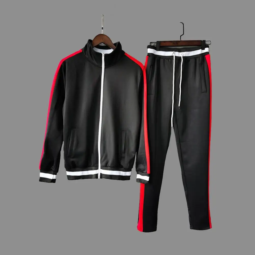 

Drawstring Men Tracksuit Ankle Length Windproof Fashion Autumn Casual Striped Splicing Jacket Jogging Pants Set