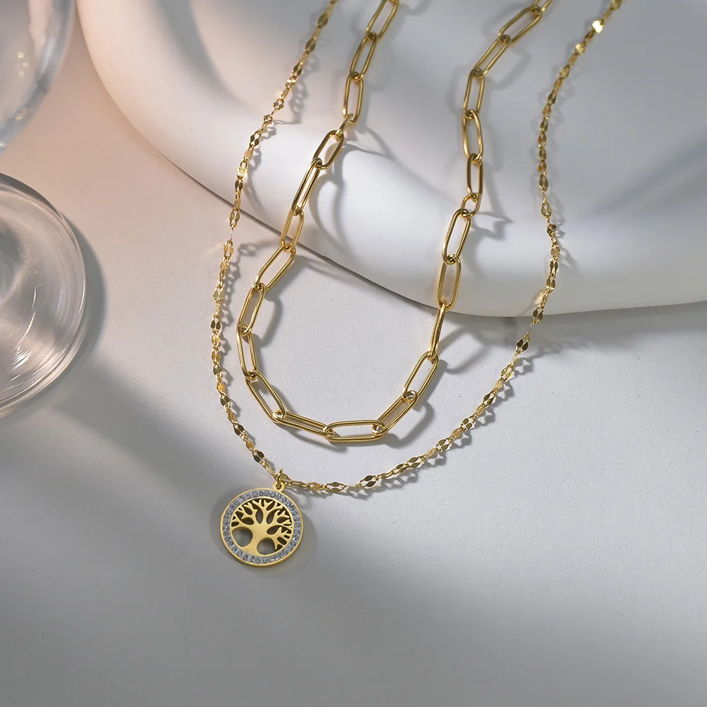

New Stainless Steel Necklace for Women Tree of Life Layered Chain Pendant Charm Fashion Gift Jewelry Free Shipping