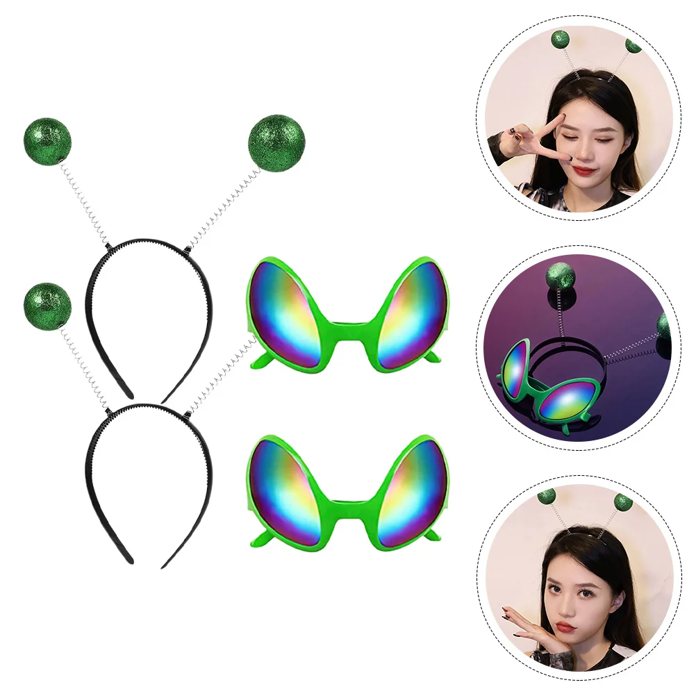 2 set Alien Headband Antenna Glasses Costume Accessories Adult Martian Props Eyeglasses Rainbow Lens Sunglasses Party Headwear