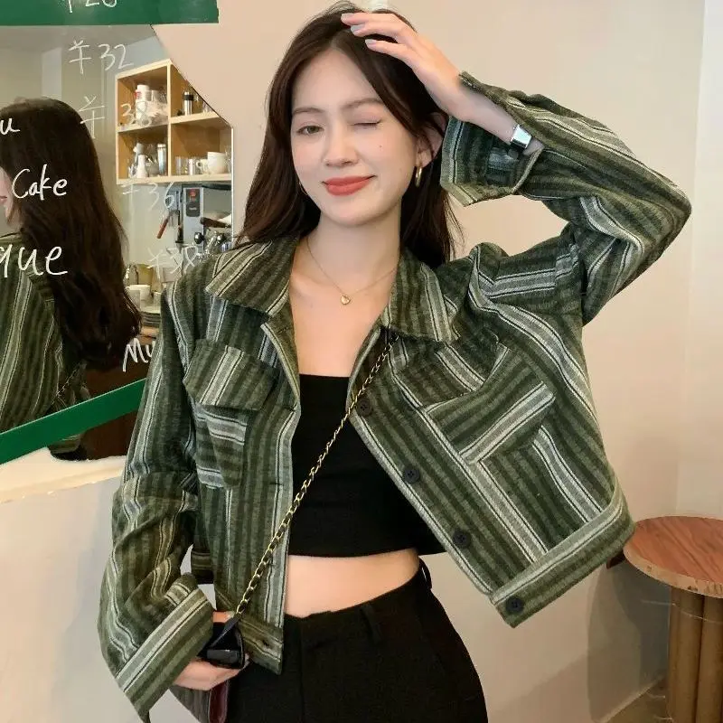New Polo Collar Stripe Long Sleeve Small Fragrance Coat Women's Fashion Casual Top