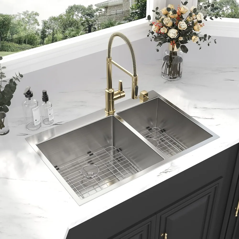 33 Inch Kitchen Sink Double Bowl 60/40 Stainless Steel 18 Gauge Drop In Top Mount Overmount Kitchen Sink Basin Washhand Stand 3