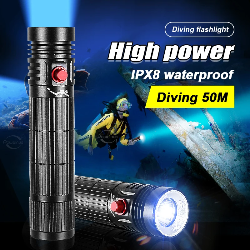 

2023 New Super Bright LED Diving Flashlight High Power Led Flashlights 18650/26650 Dive 50 Meters IP68 Waterproof with Rope