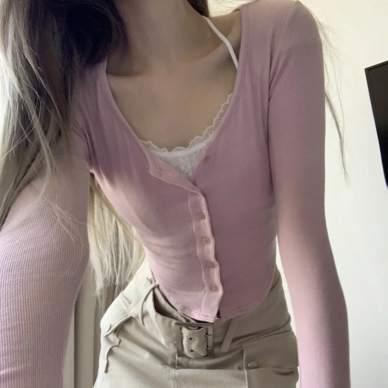 여성용 한국 카와이 핑크 니트웨어, 페어리코어 그런지 Y2K 가디건 티셔츠, 긴팔 단추 업 슬림핏 크롭탑, 가을 스트리트웨어