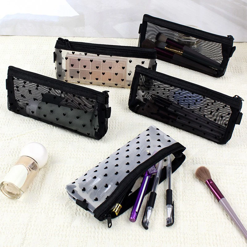 Mesh Cosmetic Makeup Bags Case Holder Cute Transparent Zipper Black Heart Printed Pencil Pen Case Pouch Convenient To Carry 2
