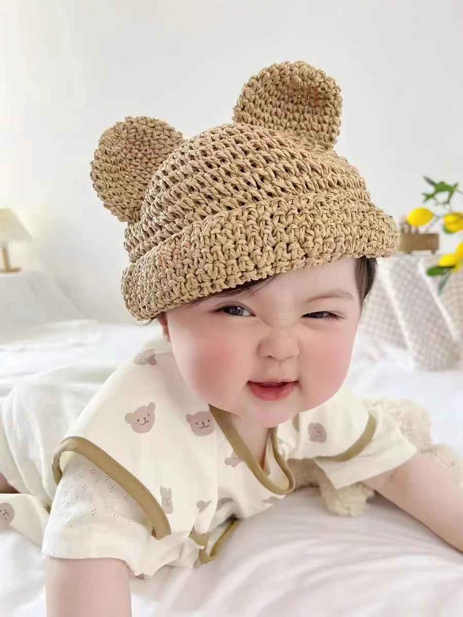 2023 Korea Summer Baby Straw Hat Cute Bear Baby Bucket With Ear Children Panama Caps Beach Cap Kids Sun Hat For Girls Boys