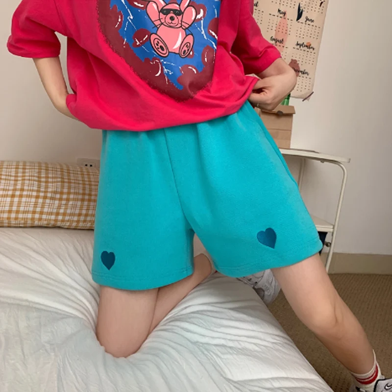 Summer New Love Embroidery Shorts Elastic Waist Loose Solid Color All-match Straight Pants Casual Fashion Women Clothing