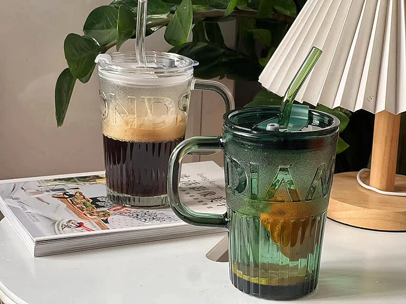 Straw With Glass Cup Coffee Cup With Handle Straw Cup Large Capacity Glass Cup With Cover 400Ml Glass Dinkware