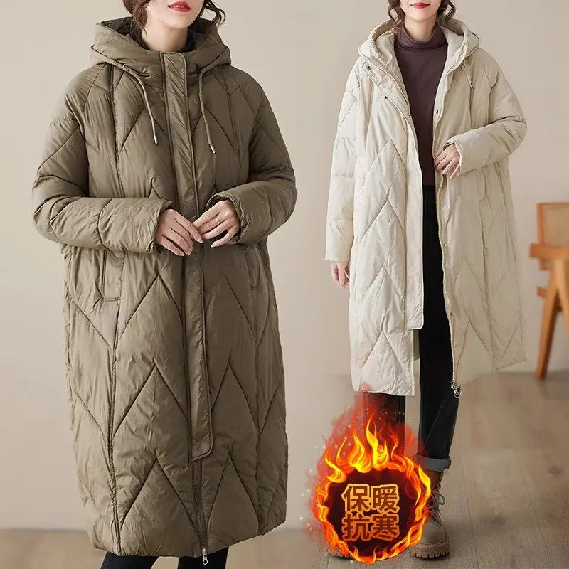 

Extra Large Size Clothing For Women Warm Down Cotton Jacket Autumn Winter Zipper Hooded Solid Color Loose Long Parka Coat Z3735