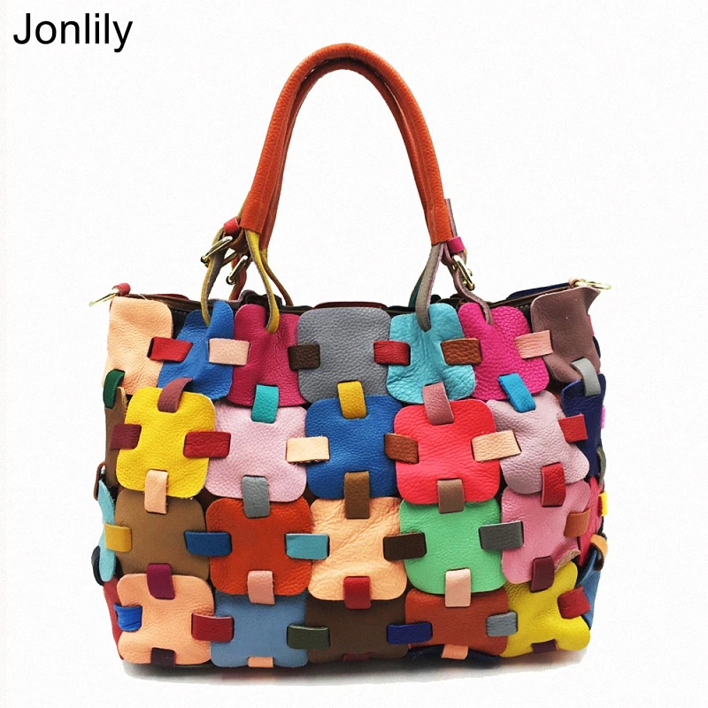 

Jonlily Women Genuine Leather Colorful Patchwork Vintage Tote Bag High Capacity Handbags Commuter Bag Teens Daybag Purse -KG713