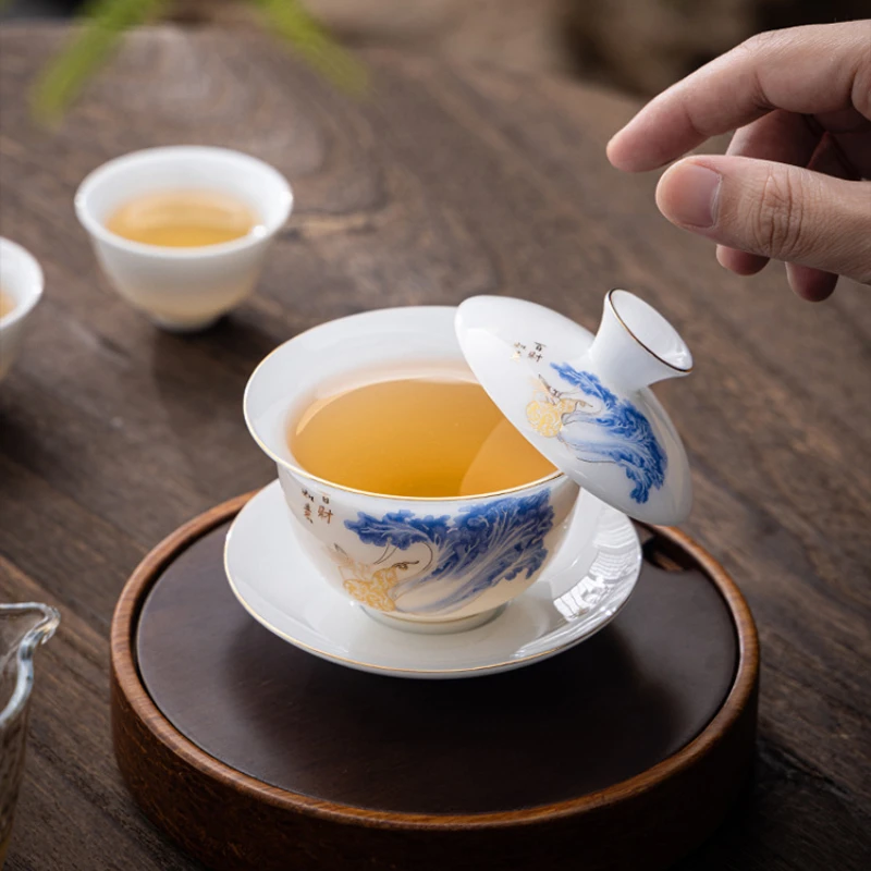 130ml Chinese Style Ceramic Covered Bowl Chinese Kung Fu Tea Bowl Cover Small Capacity Household Tea Maker Porcelanas