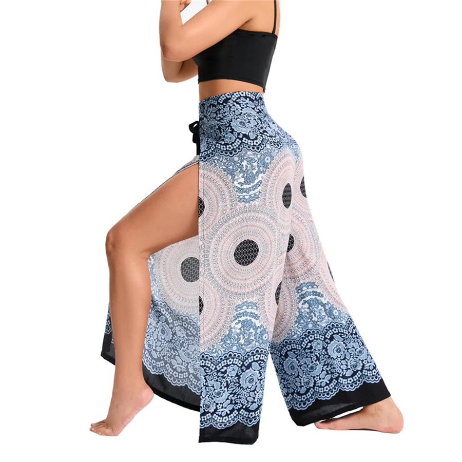 Women's Boho Palazzo Pants Wide Leg Yoga Wrap Tie Up Waistband Beach Cover Up Trousers Rayon Soft Breathable Loose Pants 4