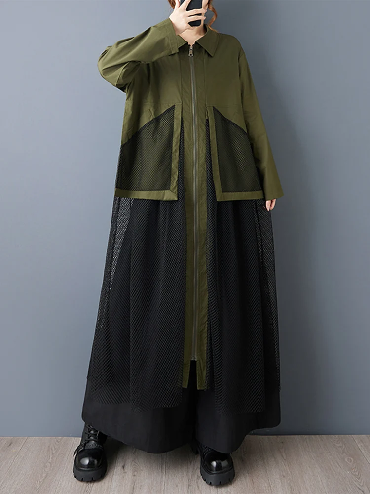 Mesh Patchwork Zipper Oversized Shirt Dresses For Women New Long Sleeve Loose Casual Vintage Dress Clothing Spring Autumn 2026