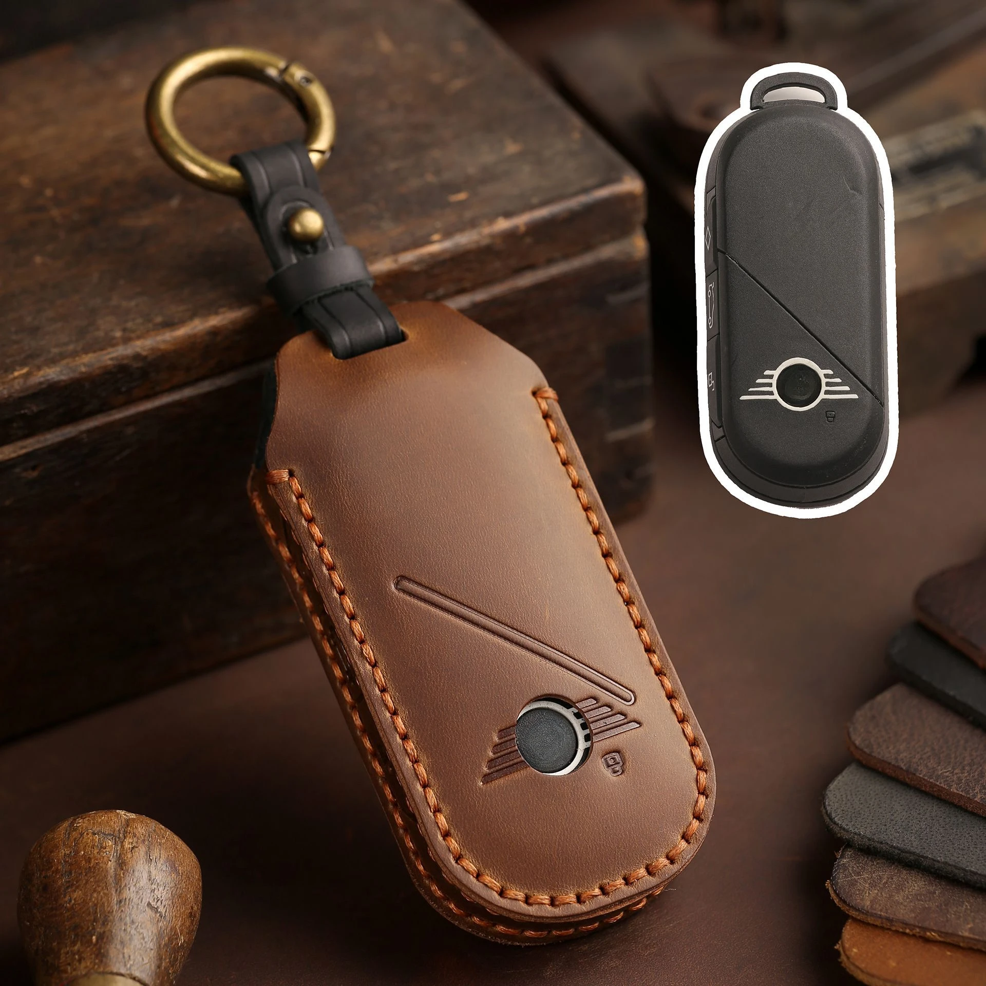 Leather Car Fob Key Case Cover for Bmw Mini