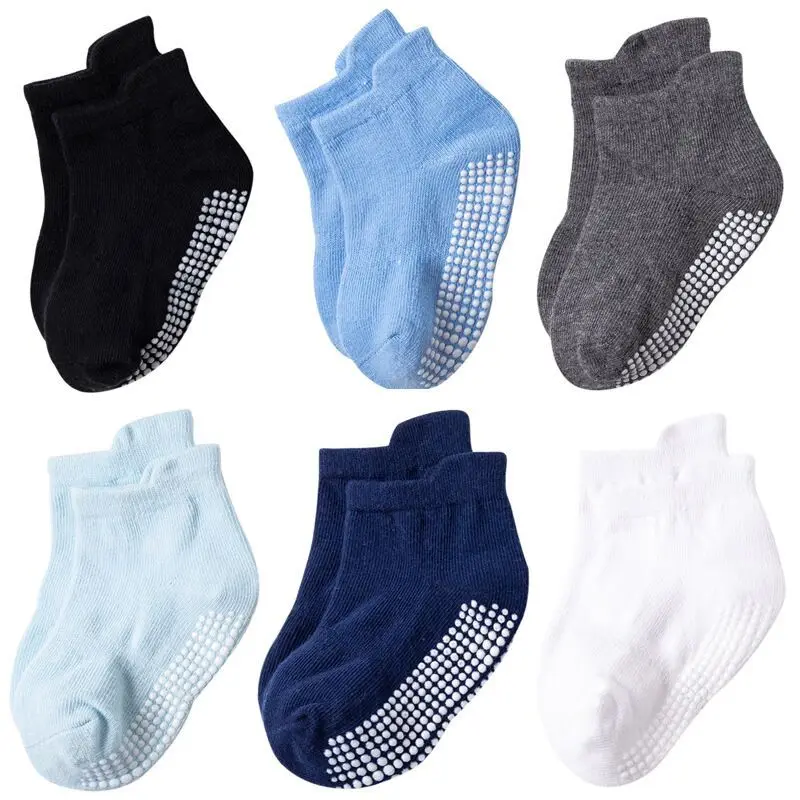 

6 Pairs/lot 0 to 6 Yrs Cotton Children's Anti-slip Boat Socks For Boys Girl Low Cut Floor Kid Sock With Rubber Grips Four Season