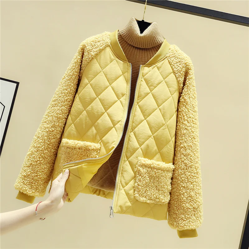 Women Casual Lambwool Winter Jacket Korean Fashion Round Neck Short Parkas Warm Vintage Long Sleeve Cotton Padded Bomber Coat