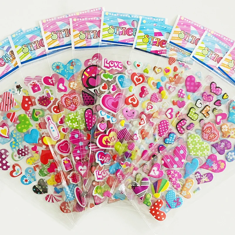 

12 Sheets/Set Love Heart Pattern Cartoon Sticker 3D Cute PVC Bubble Scrapbook Kids Girls Notebook Diary Lable Decoration Sticker