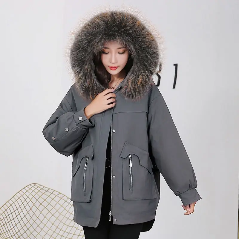 Pai Conquer Women's New Style Fur Raccoon Dog Fur Collar Rex Rabbit Fur Sleeves Full Length Medium Length Fur Coat