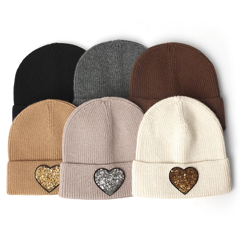 Fashion Sequined Heart Knitted Winte Beanie For Women Solid Autumn Warm Casual Skullies Beanies Female Soft Thick Rolled Hats 3