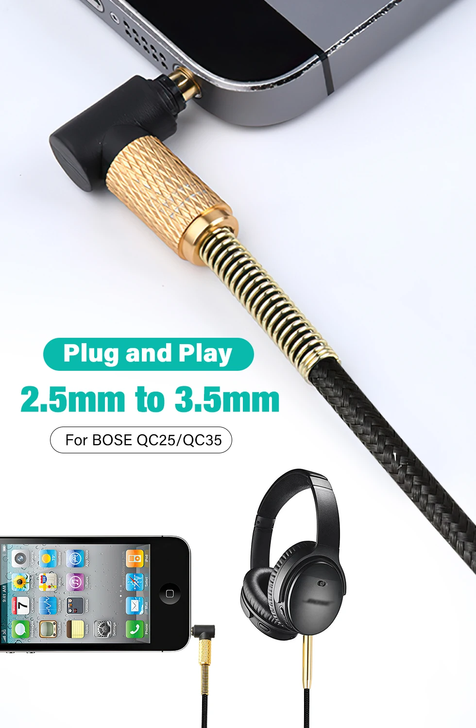 Gold plated 2.5mm To 3.5mm Jack Aux Cable For AKG Bose QC 25 35 JBL Headphone Laptop Cell Phone Audio Socket Connector Adapter