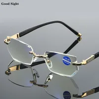 Anti Blue Ray Reading Glasses Dimond Cutting Rimless Eyewear Men Anti Fatigue Hyperopia Presbyopic Glasses +1.5 1