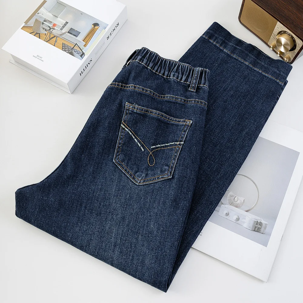 XXXXL Fashion Plus Size Women's Straight Leg Jeans Autumn Simple High Waist Stretched Denim Ankle-Length Cigarette Pants Casual