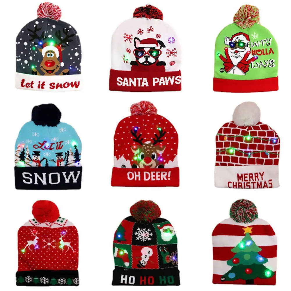 

LED Christmas Hats Sweater Santa Elk Knitted Beanie With Light Up Cartoon Pattern Merry Christmas Gift For Kids New Year Fonts