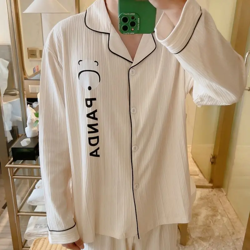 Men Spring Autumn Pajamas Cotton Long Sleeve Printed Sleepwear Lapel Breasted Nightgown 2024 Latest Large Size Loose Nightdress