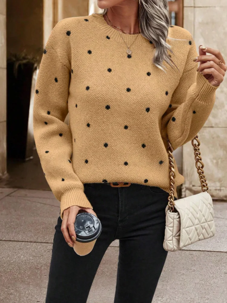 2025 Women Dots Pullover Sweaters Casual O-Neck Long Sleeve Knitting Loose Jumpers Female Warm Sweater Coat
