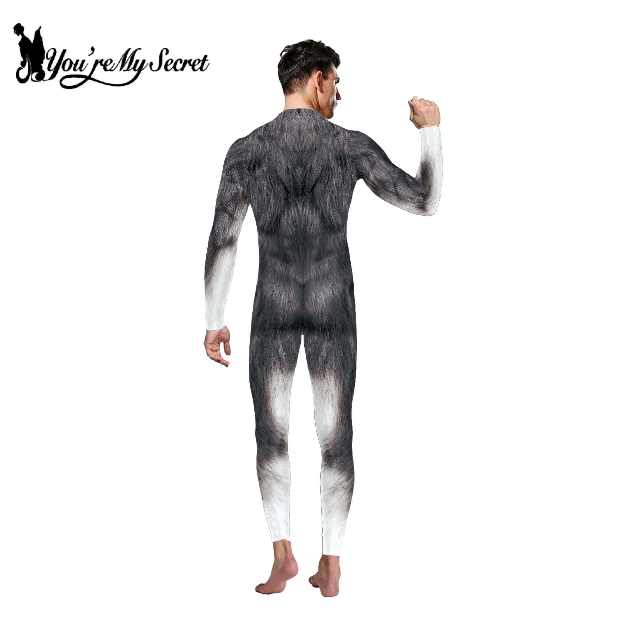 [You're My Secret] Animal Husky Fox Wolf Printed Cosplay Costume Halloween Party Zentai Jumpsuit for Adult Boys Male Bodysuits for cosplay costume