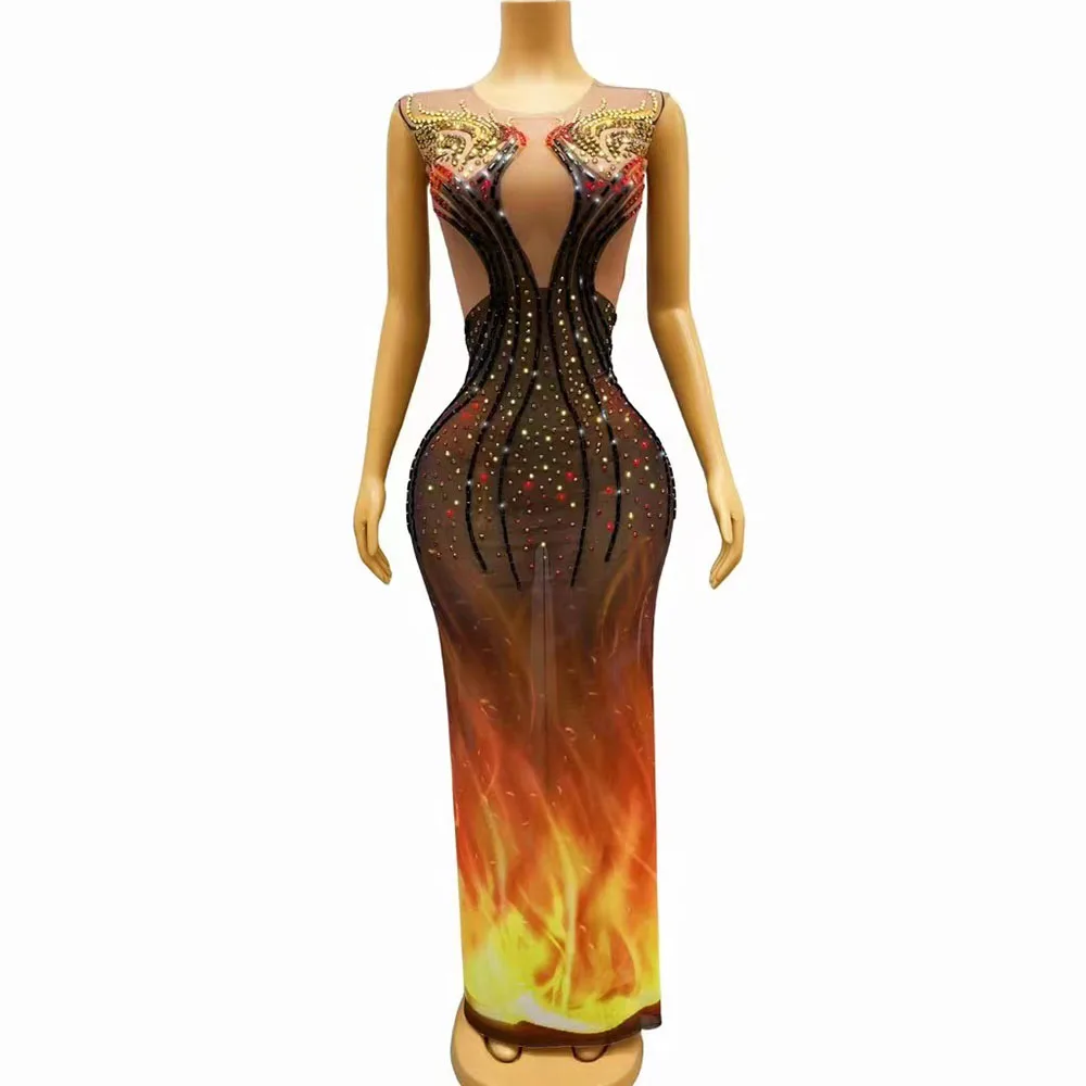 Sexy Stage Black Gold Red Fire Pattern Rhinestones Sleeveless Dress Stretch Outfit Dance Show Nightclub Costume Party Dress - AliExpress Sexy Stage Black Gold Red Fire Pattern Rhinestones Sleeveless Dress Stretch Outfit Dance Show Nightclub Costume Party Dress - AliExpress