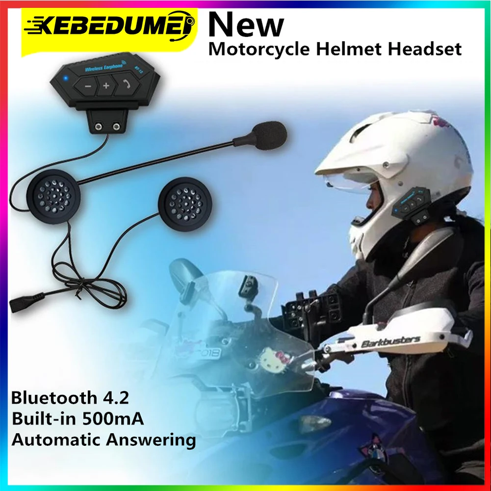

Гарнитура для мотоциклетного шлема Kebidumei V4.2, Bluetooth-Интерком, наушники для мотора и велосипеда, 500 мАч, микрофон с шумоподавлением, мягкий жесткий микрофон