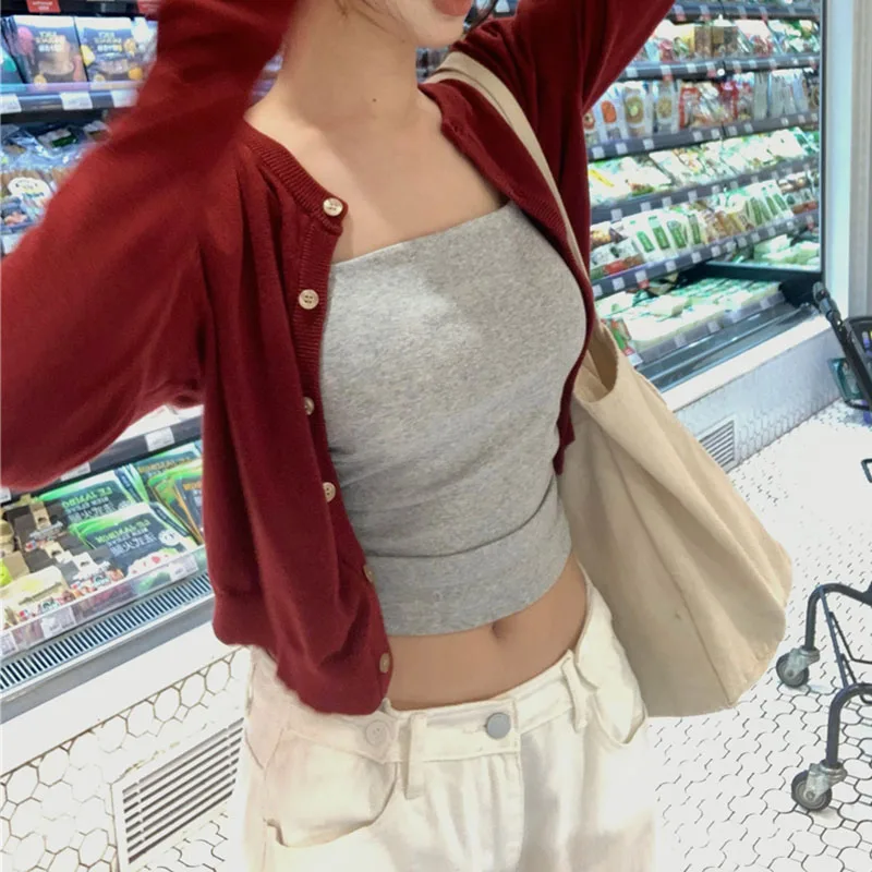 

Y2K Korean Fashion Sweater Cardigan Women Casual Solid Color Round Neck Tops Single Breasted Sweater Cardigans