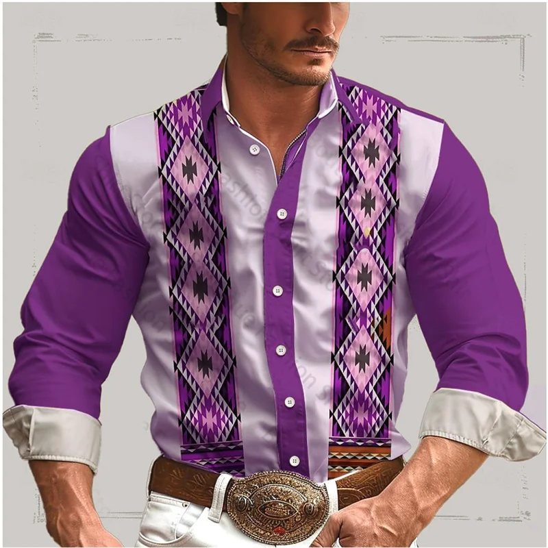 thumbnail image 1 of Camisa de hombre estilo occidental retro geométrico para exteriores, informal, de calle, para uso diario, primavera y verano, con solapa, manga larga, tallas S-5XL, camisa de tela elástica, 1 of 5