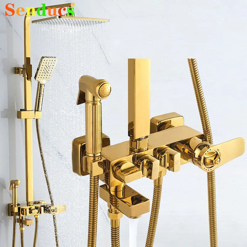 Thermostatic ห้องน้ําชุดทองเหลืองคุณภาพทองห้องน้ําก๊อกน้ําแตะหัวฝักบัวร้อนเย็นระบบ 1