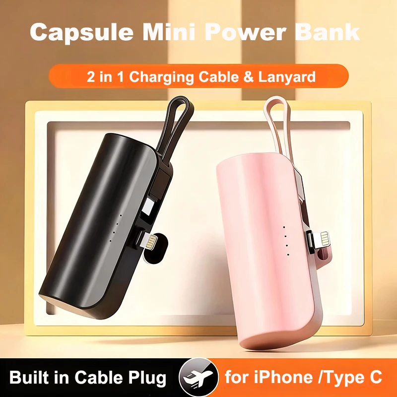 Mini Capsule Power Bank 5000 MAh With Cable Plug For IPhone Type C Powerbank External Battery Charger For Samsung Huawei Xiaomi_voghion.com