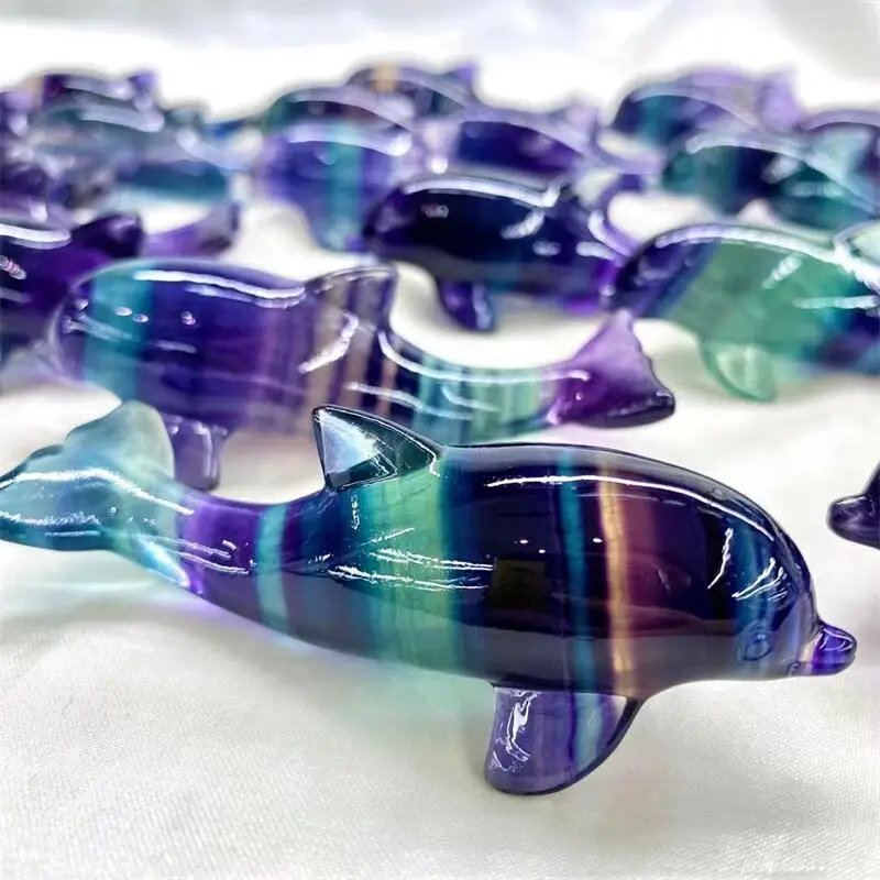 8cm Natural Rainbow Fluorite Dolphin Crystal Stone Hand Carved Animal Figurine Healing Crafts Home Decoration As Gift 1pc 4